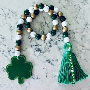 St. Patricks Day Shamrock Wood Bead Garland Tassels Tag Farmhouse Green